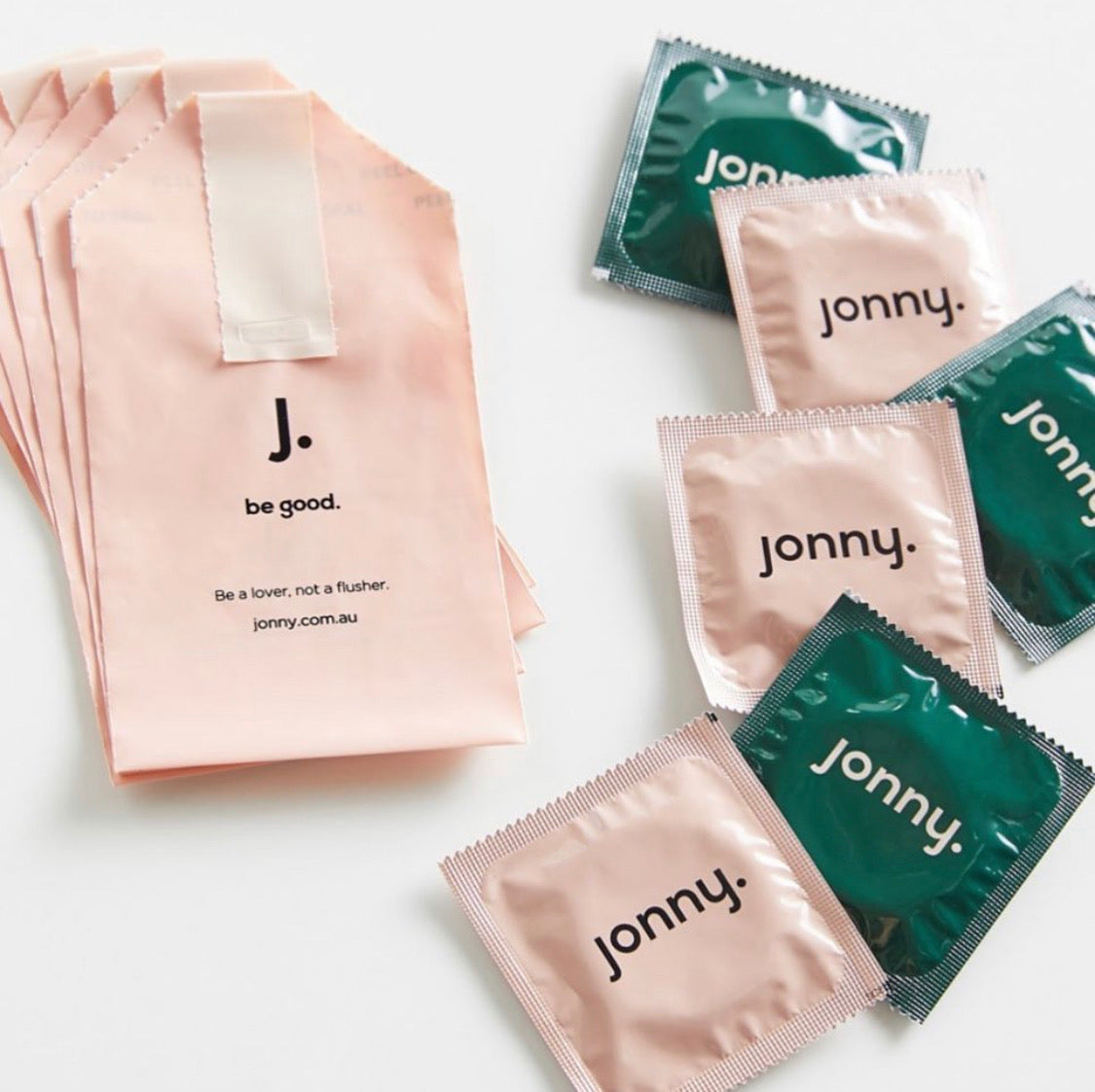 6 Green and Pink Jonny natural latex condoms and individual FabLittleBags for easy disposal